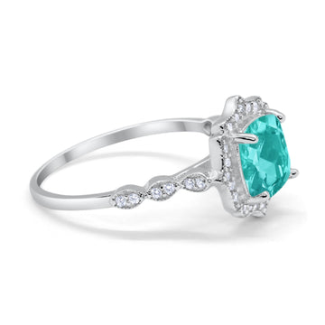 Halo Art Deco Engagement Ring Cushion Simulated Paraiba Tourmaline CZ 925 Sterling Silver